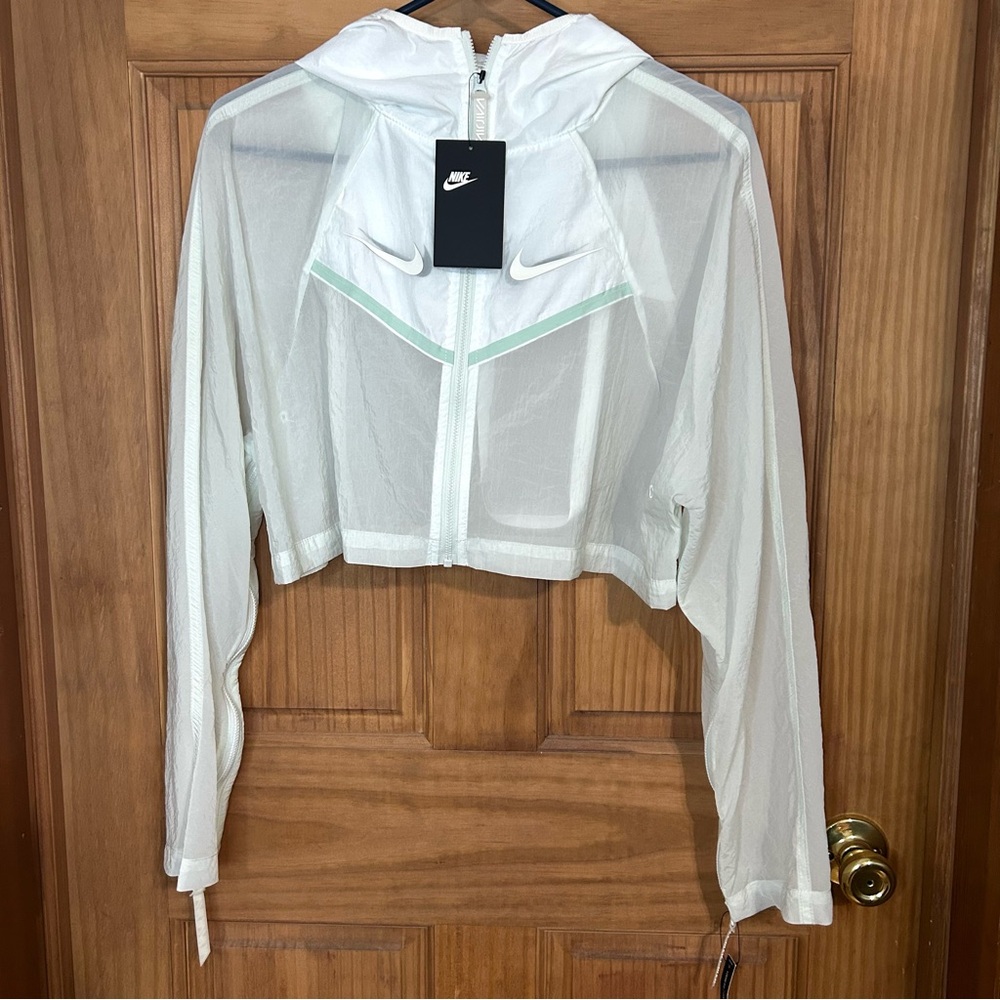 Nike White Sheer Cropped Hooded Windbreaker with Mint Accent